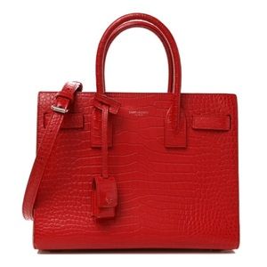 ✨YSL✨ Yves Saint Laurent - Calfskin Crocodile Embossed Sac De Jour Red - SMALL